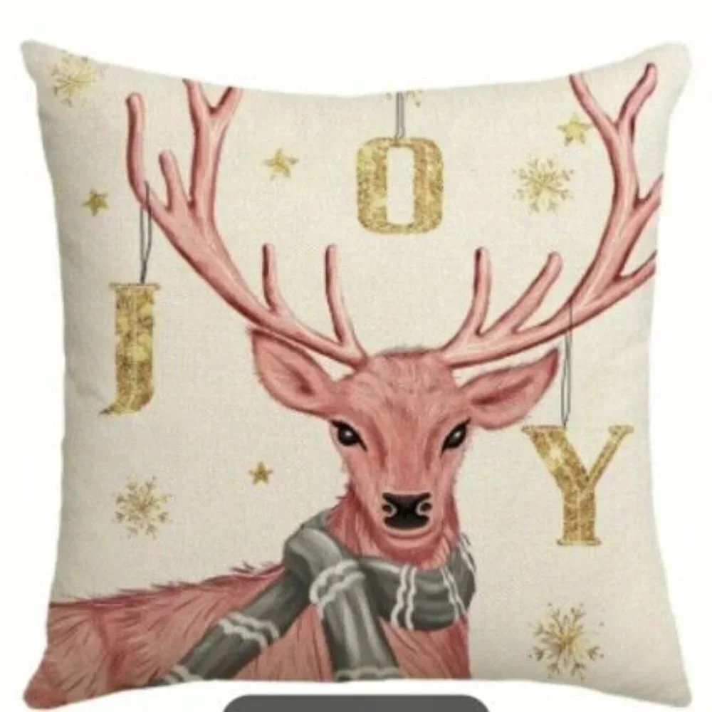vintage style Christmas Pink Deer, gold Joy cushion Pillow Cover 17.7